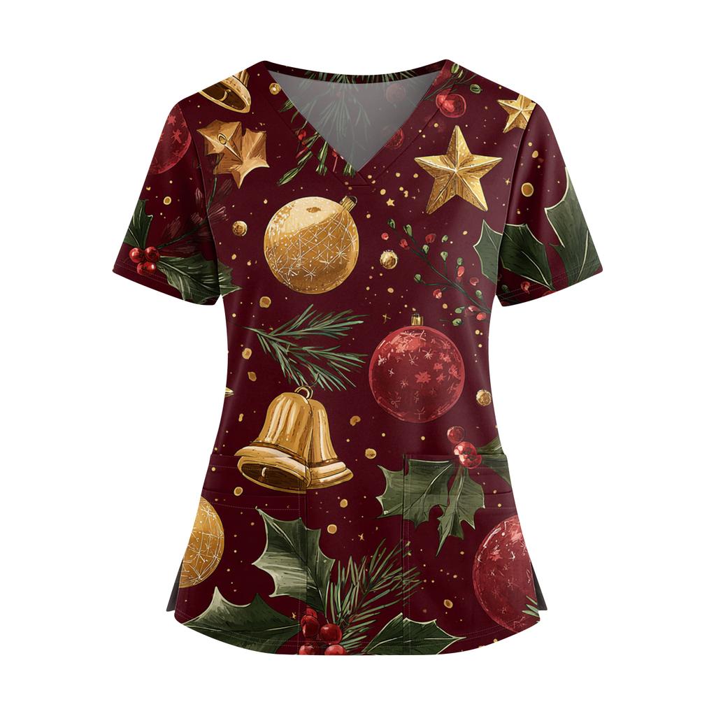 Женский рождественский топ с принтом, V-образным вырезом, двумя карманами, короткими рукавами, разрезом по подолу, униформа для сиделки