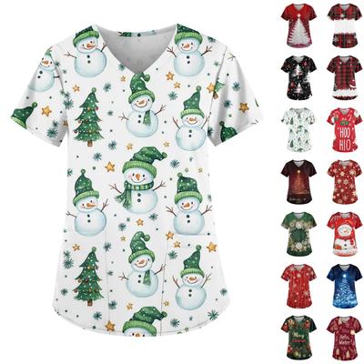 Рабочая форма больших размеров с принтом, топы для женщин, забавные футболки с v-образным вырезом и короткими рукавами, рабочая одежда, футболка с карманами