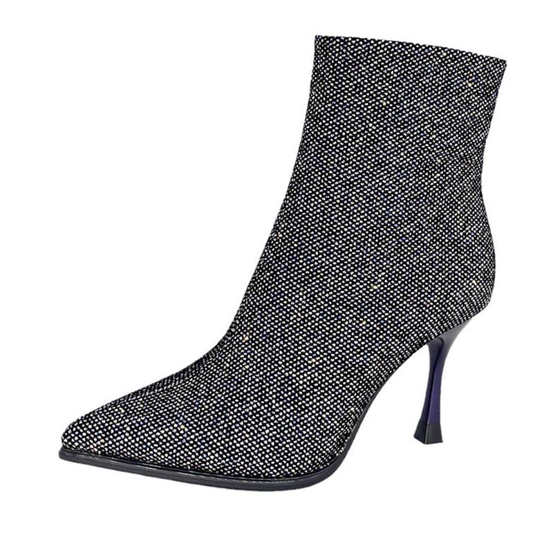 Мода Женские ботильоны с пайетками Модные короткие ботильоны с острым носком Осень-зима Женская обувь на высоком каблуке Botas Mujer