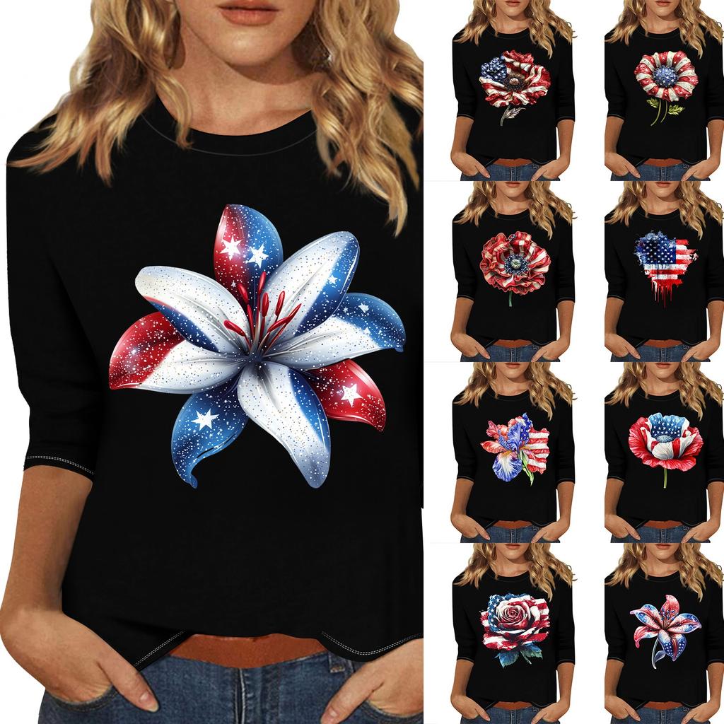 3/4 Sleeve Tops For Women T-Shirt Casual Print Tops T Shirt Round Neck Pullover Blouse