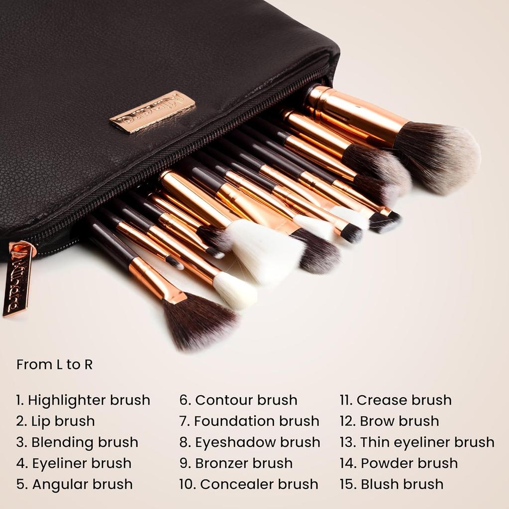 Набор из 15 кистей для макияжа с удобным чехлом для переноски (черный) |