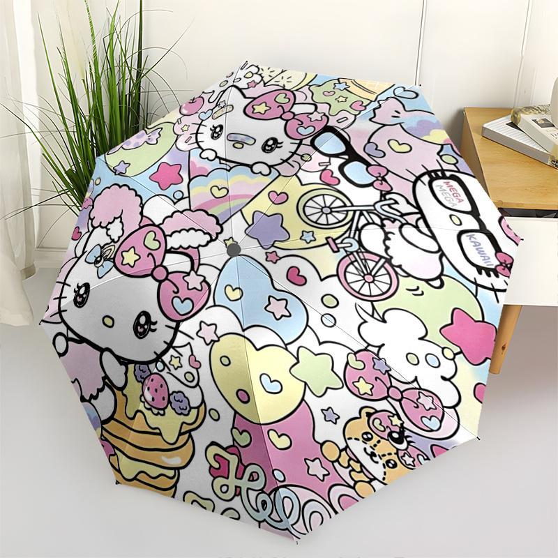 1pc Hello Kitty Mega Kawaii Automatic Folding Umbrella - Portable Tri-Fold Design with 8-Rib Iron Frame, Perfect for Fans, Travel, Everyday Use, and F