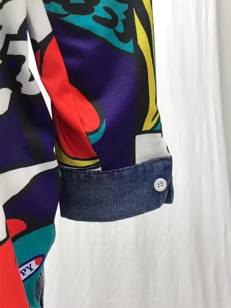 Женская джинсовая ветровка 2025 года: Креативный абстрактный узор, свободный крой, стираная джинсовая куртка