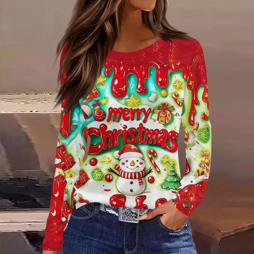 Women's Fashion Casual Slit Hem Round Neck Long Sleeve Loose Printed T-Shirt Ladies Top