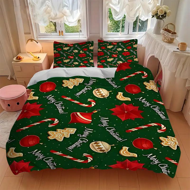 3pcs Christmas Holiday Gift Bedding Set with "Merry Christmas!" Design, Includes One Quilt Cover and Two Pillowcases (No Core)