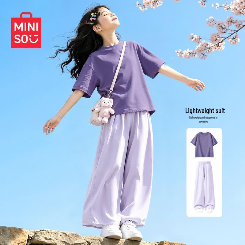 MINISO Girls' 2026 Summer Cotton Casual Short Sleeve & Pants Set