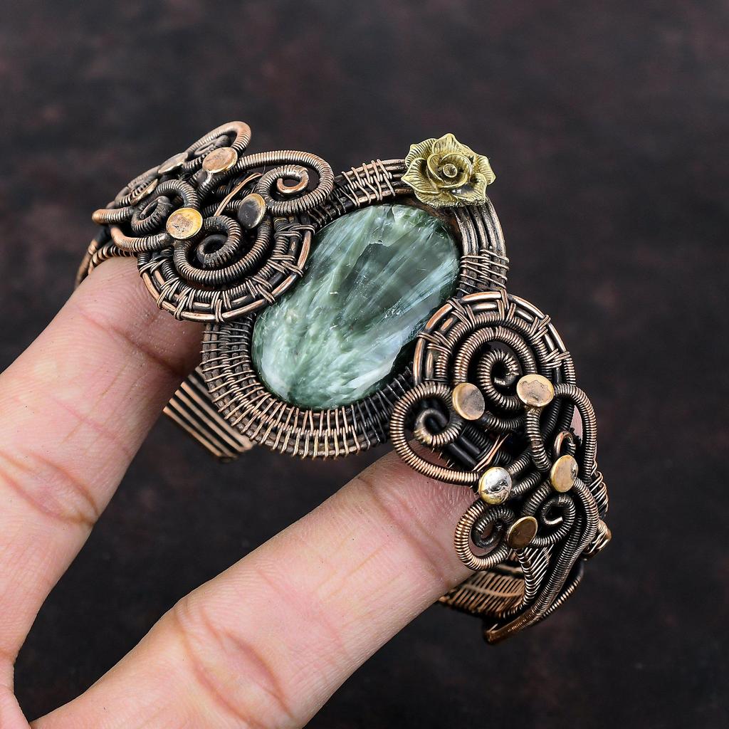 Seraphinite Cuff Bracelet Copper Wire Wrapped Bangle Natural Gemstone Jewelry Handmade Cuff Bracelet Wedding Gift Flower Adjustable Bangles