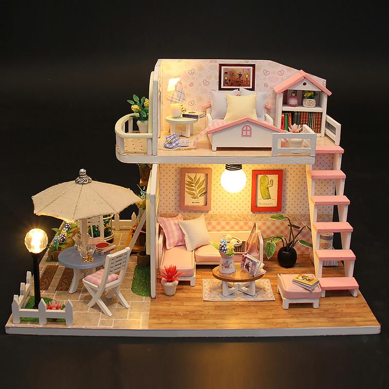 Wooden Doll House Cat Cafe Mini DIY Small House Kit Making Room Toys Home Bedroom Decoration with Furniture For Gifts Dollhouse