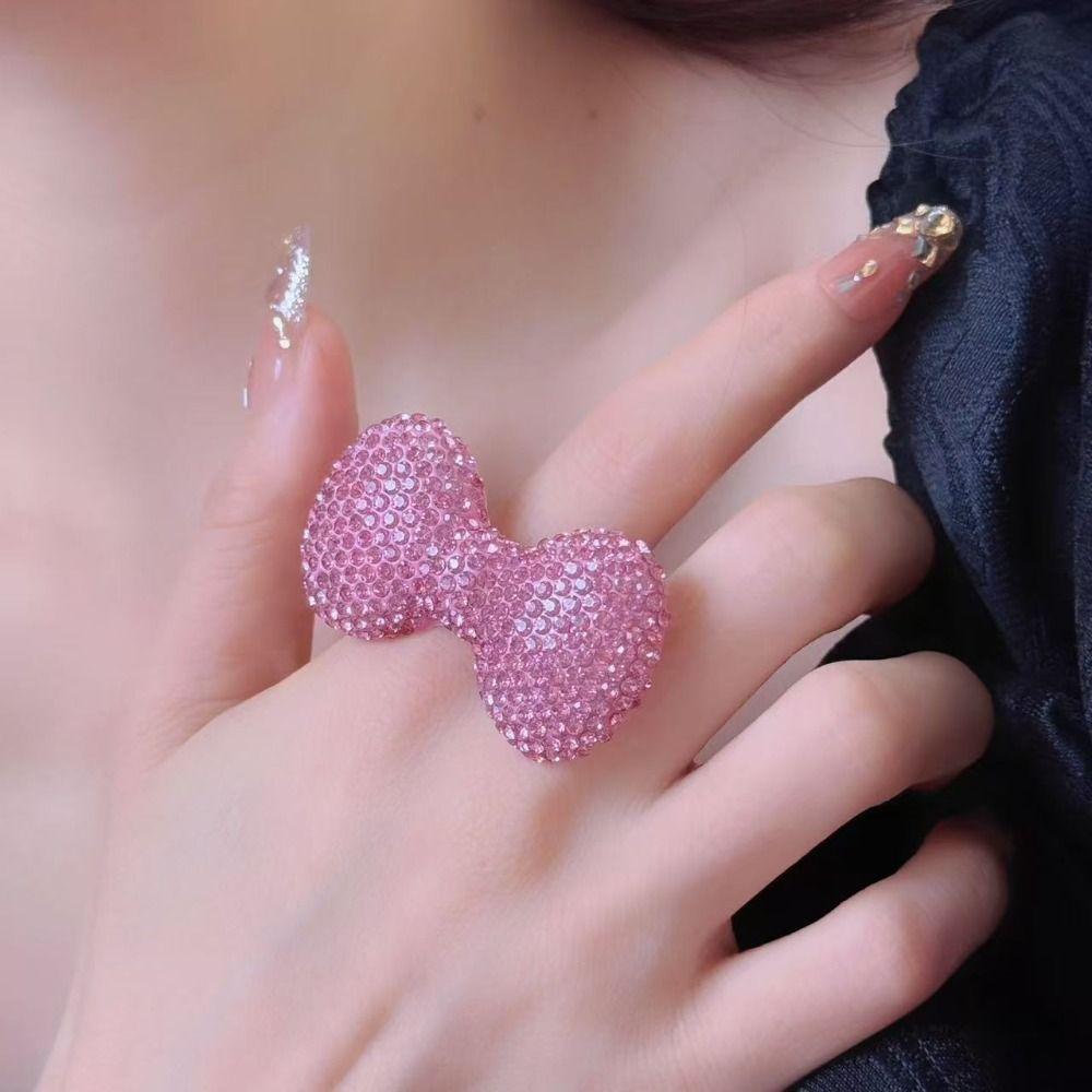 Sparkle Bow Women Finger Ring Adjustable Y2k Millennial Ring Trendy Pink Bow Rings  Finger Charms