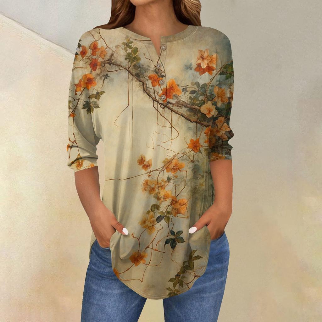 Женские топы с рукавами 3/4, летние футболки с цветочным принтом и V-образным вырезом, повседневные базовые футболки с пуговицами, туники