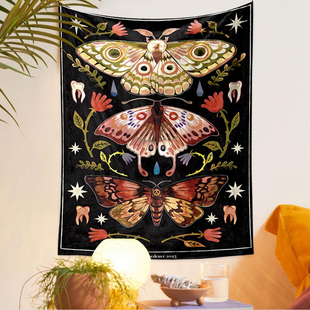 Moth Floral Tapestry Wall Hanging, Three Moths with Flowers Decor, Gothic Wall Decor for Bedroom Living Room Dorm
