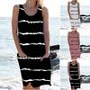 Women's Sleeveless Tank Dress Summer Casual Round Neck Tunic Dress with Pocket Baggy Stripe Beach Sundress Swimsuit Bikini Cover-Up