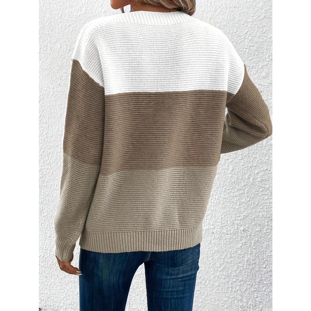 Autumn and Winter Knitted Sweater Women's Contrasting Color Spliced Round Neck Long Sleeved Pullover Top