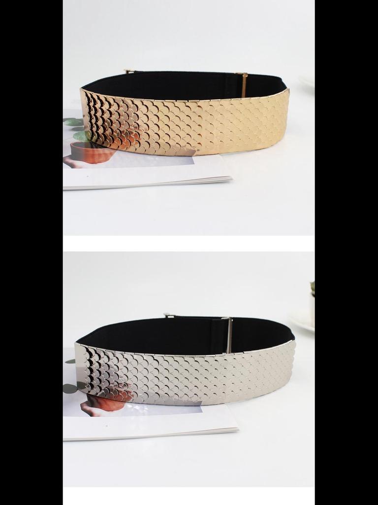 Women's Fashion Metal Elastic Belt with Fish Scale Pattern - Versatile Wide Elastic Waistband for Dresses