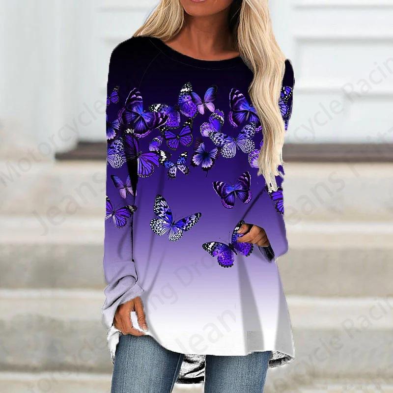 Футболка с длинным рукавом и принтом бабочки 3D, женская мода, длинная туника с круглым вырезом, женская осенняя одежда с изображением животных, женские топы в стиле Y2k