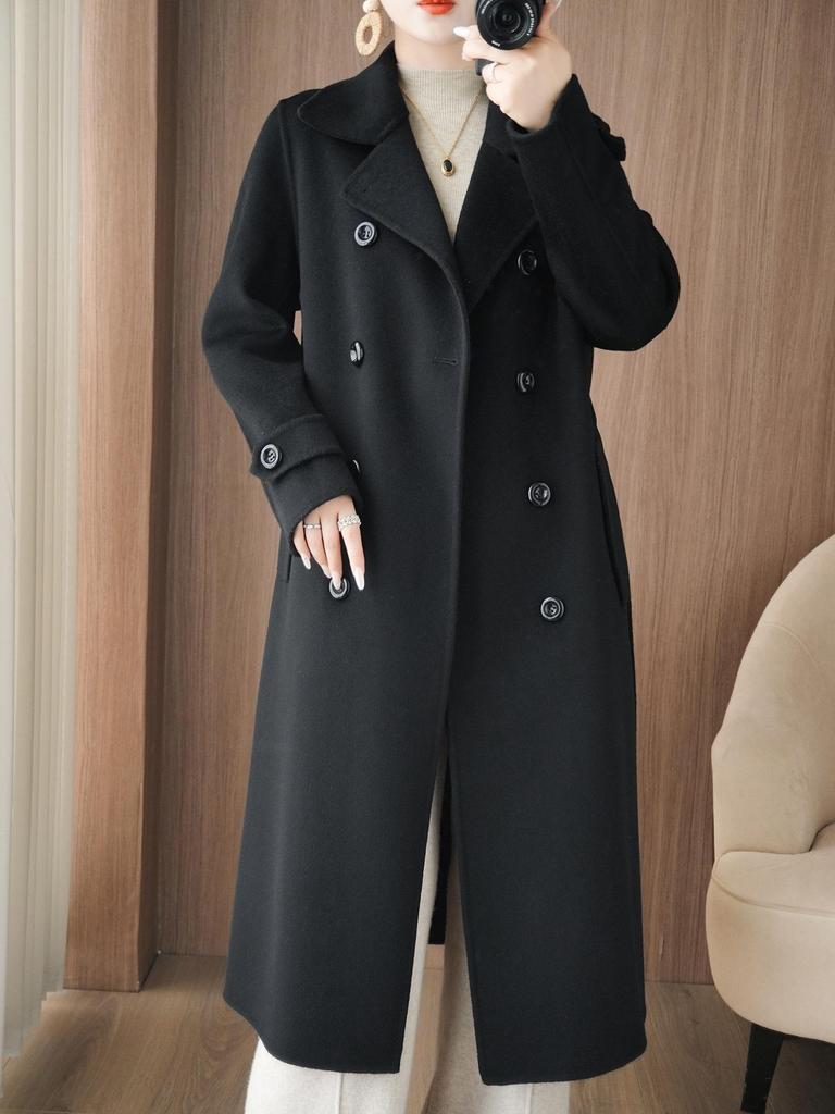 2025 A/W Women's Slimming Double-Faced Cashmere Coat - Korean Style Double-Breasted Wool Overcoat with Suit Collar