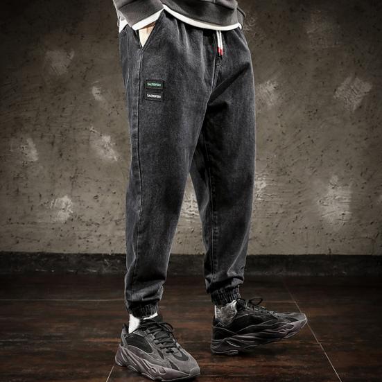 Эластичный пояс со средней посадкой, термоусадочные манжеты на шнурке, повседневные джинсы, мужские джинсы с несколькими карманами, джинсовые спортивные штаны в стиле хип-хоп, уличная одежда