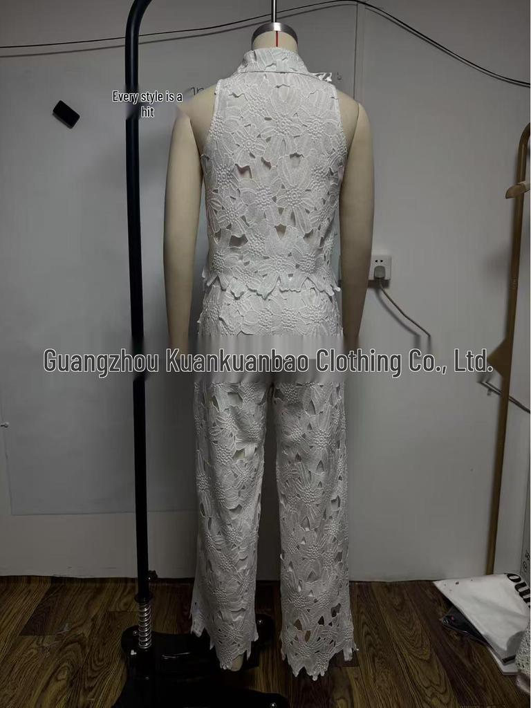 French Summer Embroidered V-Neck Cutout Tank & Wide-Leg Pants Set