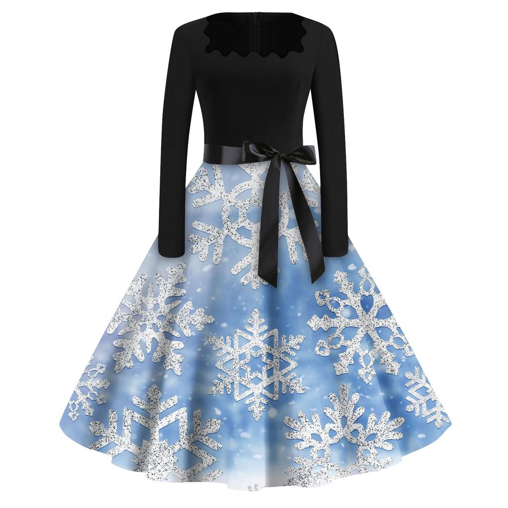 Women's Fashion Square Neck Casual Slim Christmas Printed Long Sleeve Dresses