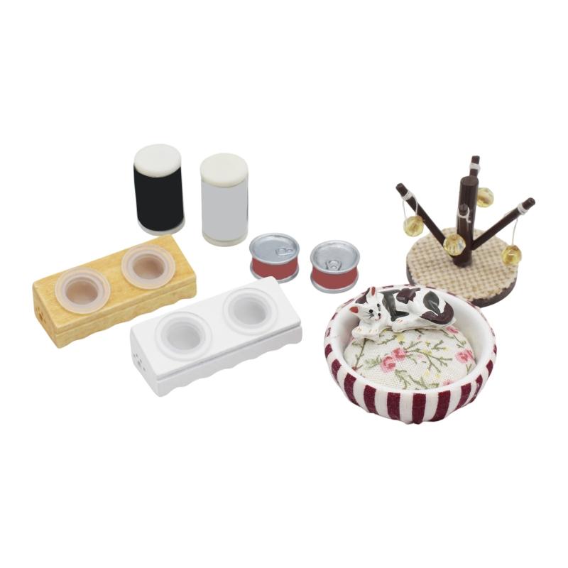 1/12 Doll House Miniature Cats Bed Set with Feeder Bowls for Enhanced Realistic Toy Collection Kids Pretend Play Activity