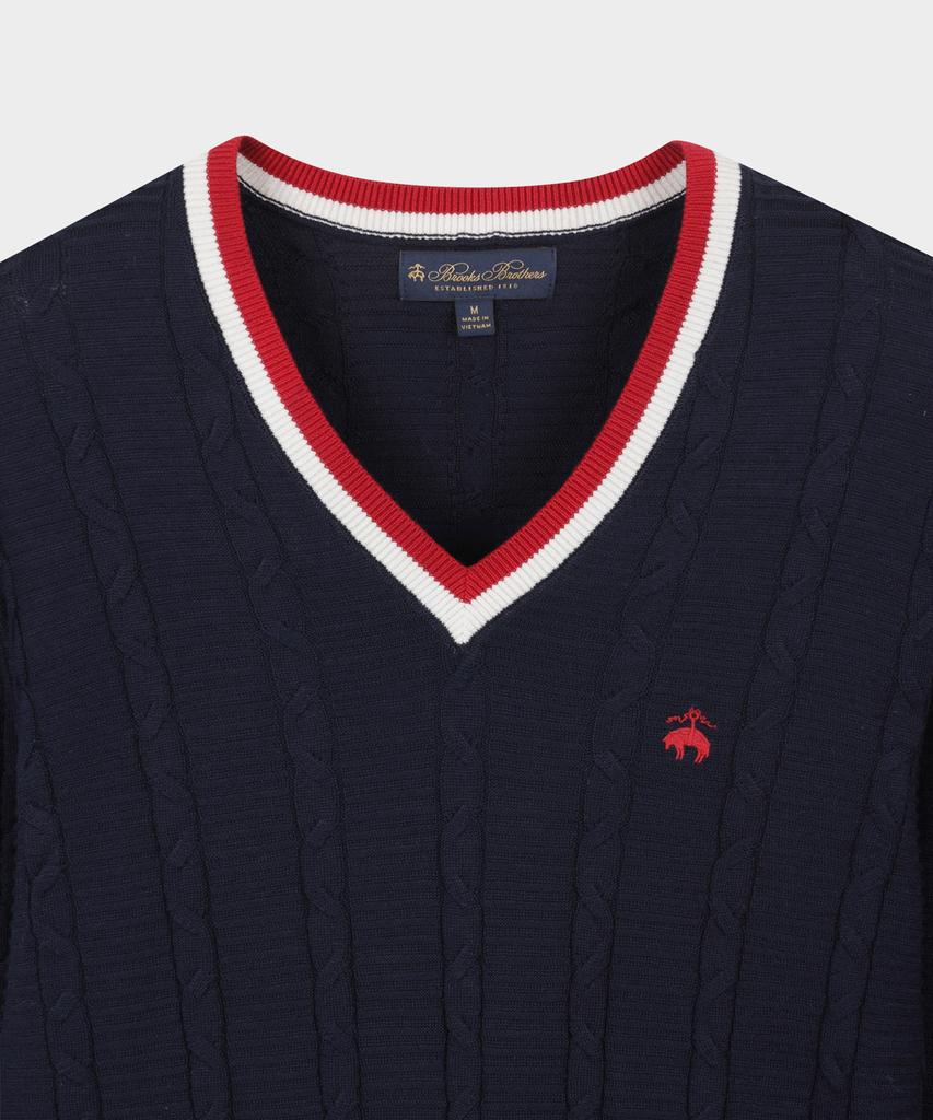 BROOKS BROTHERS Tennis V-Neck Cable Sweater (Navy) (Bbwnmmg101)