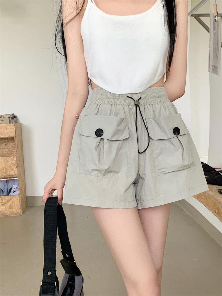 Summer 2024 Women's Gray High-Waisted Wide-Leg Casual Shorts with Double Pockets and Drawstring