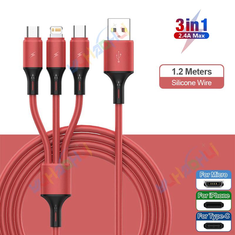 2.4A Макс. 3 в 1 USB-кабель для быстрой зарядки Lightning-кабель для iPhone Type C Кабель для зарядки мобильного телефона для Xiaomi Samsung USB Micro