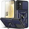 Case for Samsung Galaxy S25 with 2 Tempered Glasses, Hard Case with Stand and Sliding Lens Protection - Navy Blue