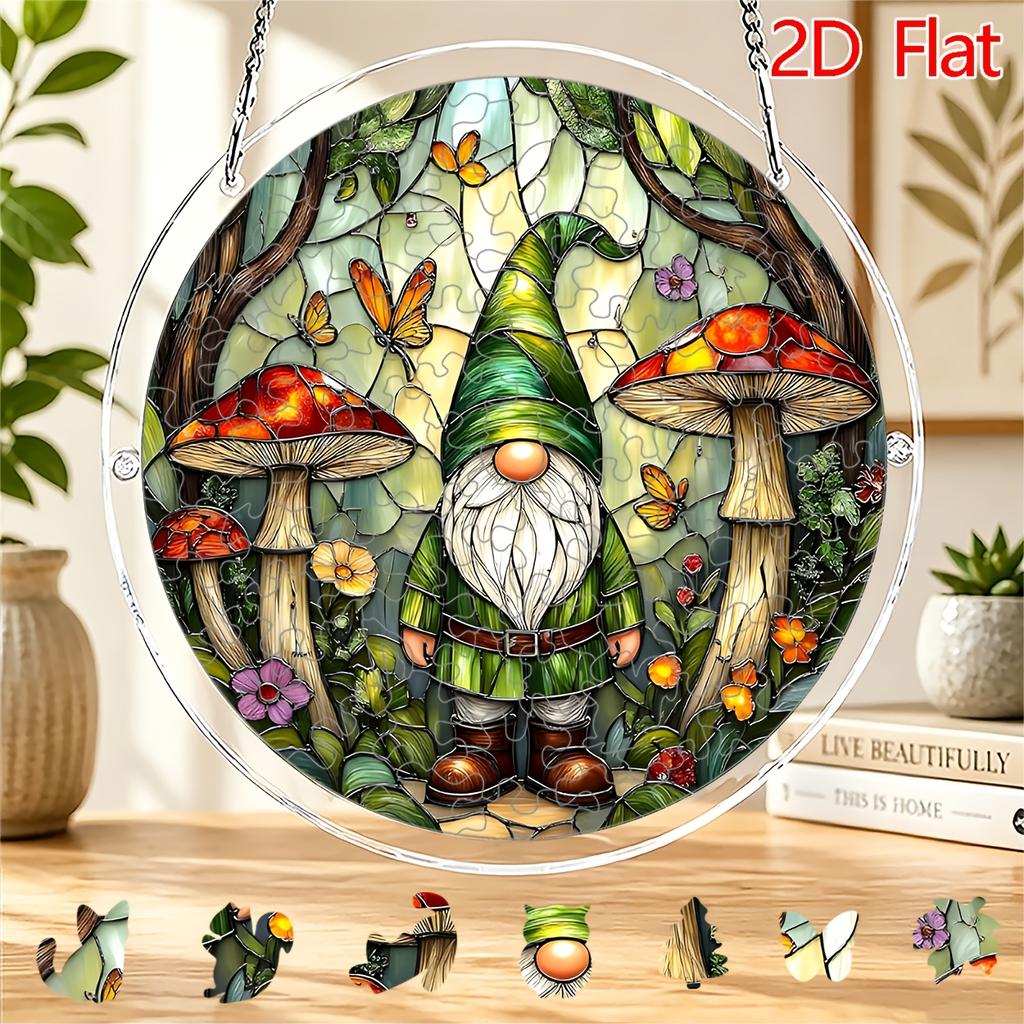2D Flat, 2D Flat Acrylic Puzzle Suncatcher, Forest Gnome Mushroom Butterfly Themed Suncatcher Puzzle, Home and Garden Decoration, Suitable as a Gift f