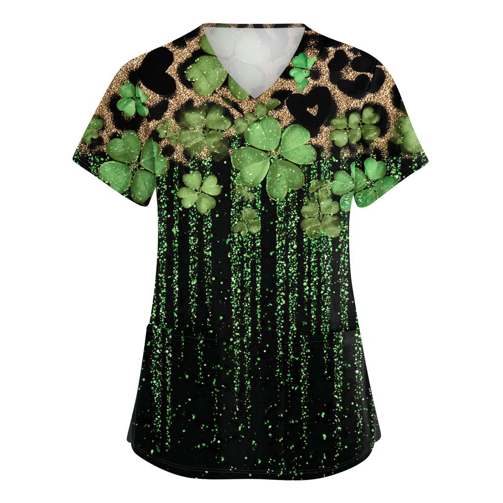 Женский модный рабочий топ с V-образным вырезом, принтом, короткими рукавами, карманом, боковым разрезом, базовый пуловер