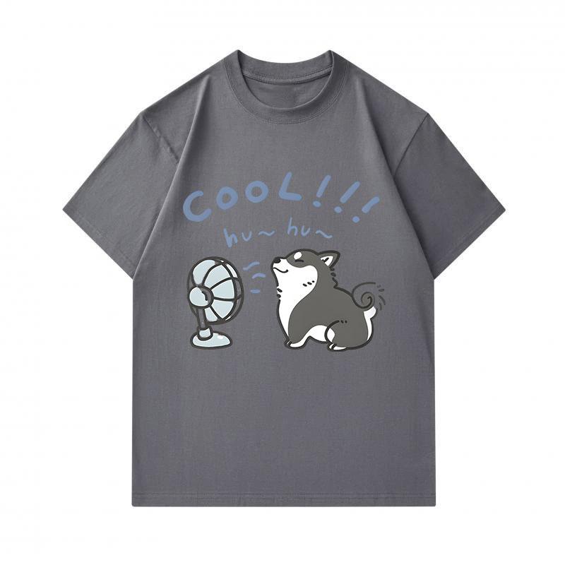 Men's 100% Cotton Crew Neck Short Sleeve T-Shirt, Cute Cartoon Alaskan Malamute Enjoying Cool Fan Printed Casual Summer Lightweight Breathable Soft Fi