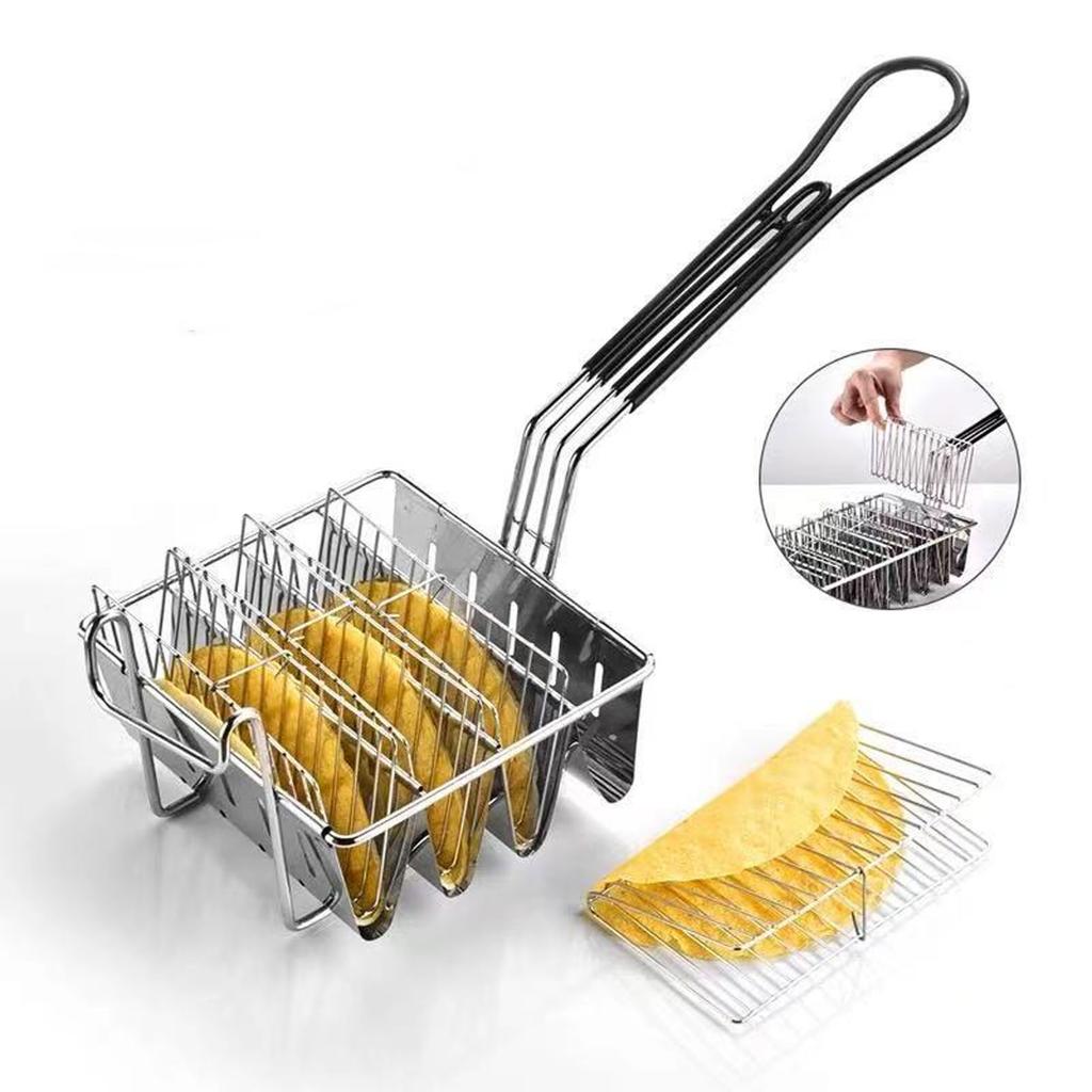 Корзина для фритюрницы для тако вмещает 4 оболочки, V-образная ручка с резиновой накладкой, из нержавеющей стали, держатель-подставка для жарки оболочек тако для выпечки