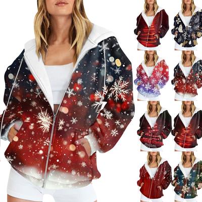 Женская мода повседневная рождественская принтовая толстовка осень-зима с длинным рукавом кардиган куртка с карманом на молнии толстовка с капюшоном куртка