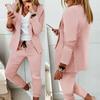 2 Pcs/Set Women Coat Pants Set Business Set Long Sleeves Solid Color Drawstring Elastic Waist Lapel Slim Fit Pants Blazer Trousers Suit