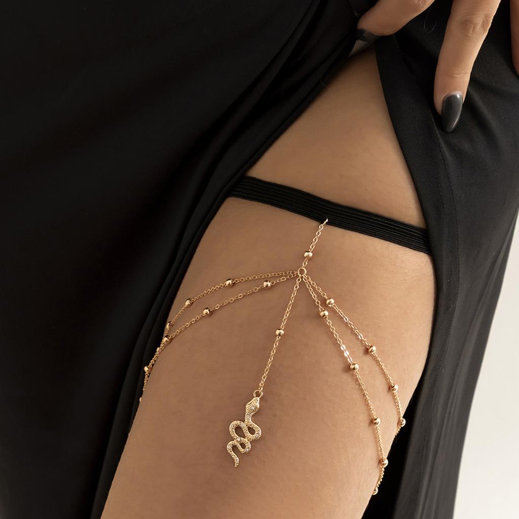 Accessories, Sexy Elastic Double-layer Round Bead Chain Body Chain, Metal Snake Pendant Fringed Thigh Chain