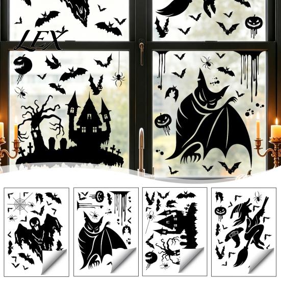 Spooky Party Decorations Halloween Static Sticker, with Witch/Ghost/Castle/Bat Horror Silhouette Patterns, Durable PVC Theme Home Decor Wall