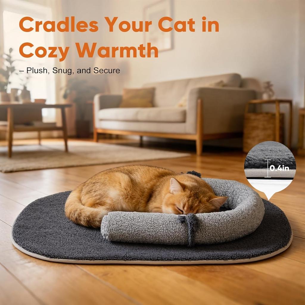 Self Warming Cat Bed Mat with Soft U-Shaped Pillow– Thickened Calming Cat Bed for Kittens and Small Dogs – Portable Washable Cats Warming Pad for