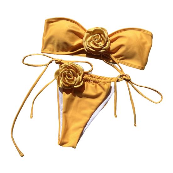 2 шт./компл. женский сексуальный комплект бикини с цветочным декором, бюстгальтер-бандо, трусы для плавания на шнуровке, комплект однотонного быстросохнущего купальника, пляжная одежда