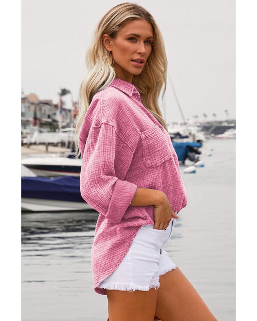 Azura Exchange Pink Mineral Wash Crinkle Textured Chest Pockets Shirt