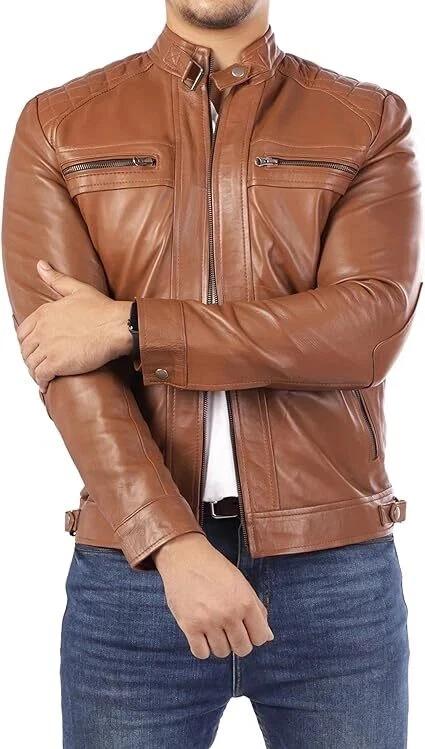 Мужская куртка ручной работы из натуральной кожи ягненка, стильная байкерская, мягкая, настоящая