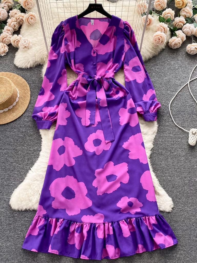 Модное женское платье с цветочным принтом, осеннее элегантное винтажное Бандажное длинное платье макси с рюшами по подолу, вечерние платья