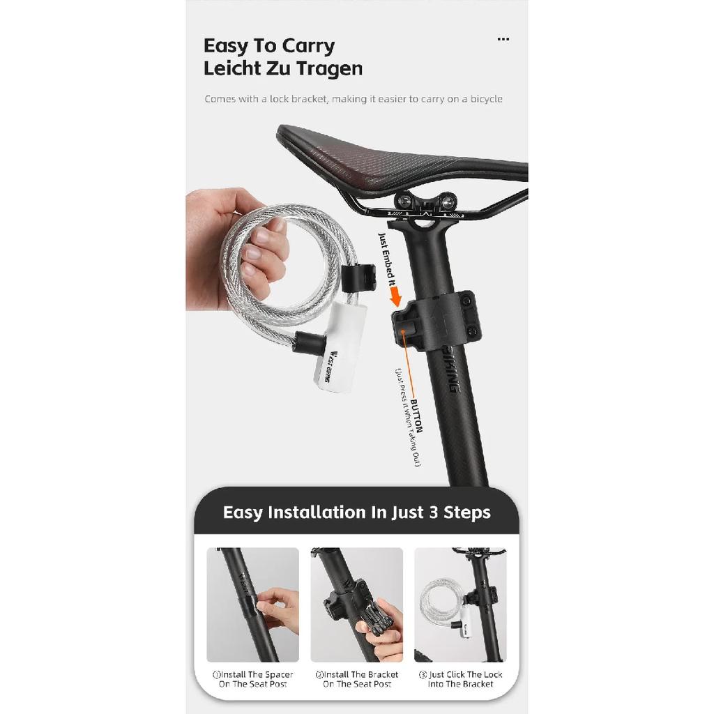 WEST BIKING Portable Bicycle Cable Lock With 2 Keys Waterproof Dustproof Steel Wire Lock MTB Road Bike Scooter Anti-theft Lock