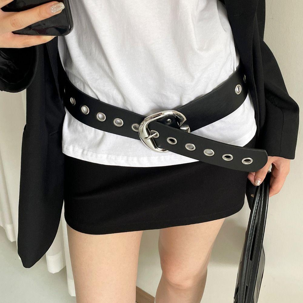 Vintage Leather Waistband Double-Row Hole Punk Style Belt Adjustable Women Wide Belt Men