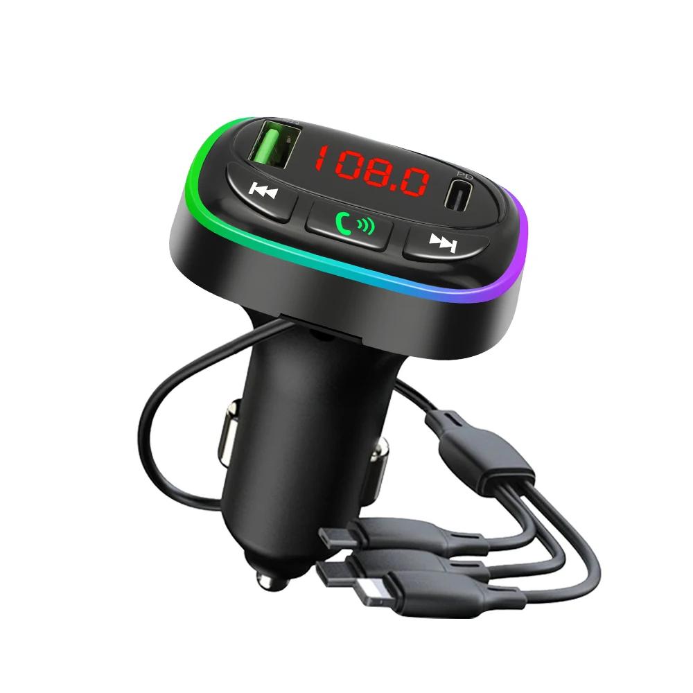 RGB Bluetooth 5.0 Аудиопередатчик FM Модулятор U-Диск Беспроводная Громкая Связь USB+PD Зарядное Устройство для Телефона с 3 Зарядными Кабелями