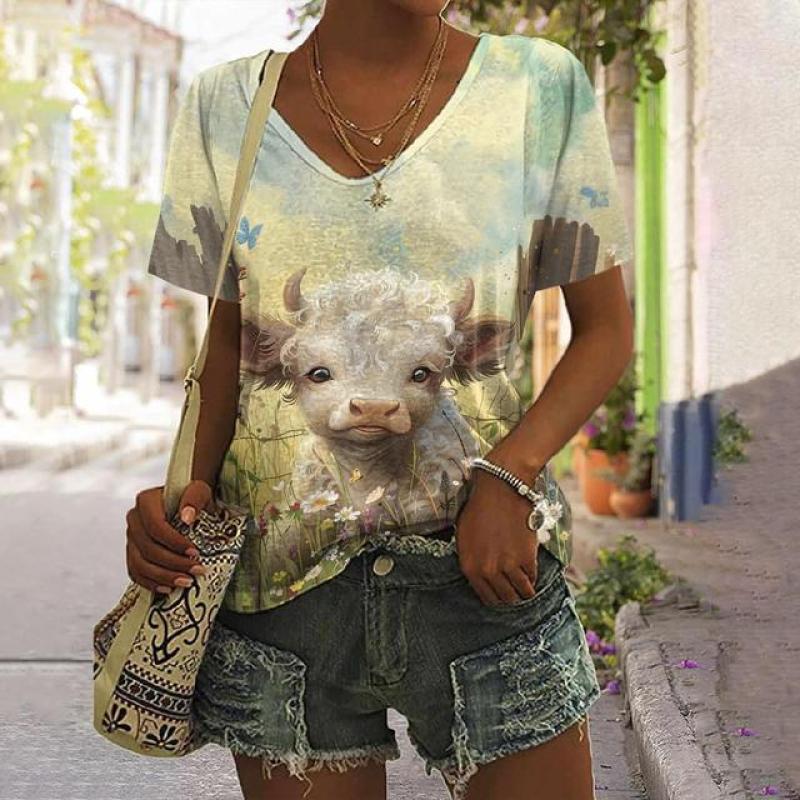 Женская футболка с изображением животных, летняя повседневная футболка с короткими рукавами, милый топ с принтом теленка, уличная мода с 3d принтом, женская одежда в стиле Харадзюку с v-образным вырезом