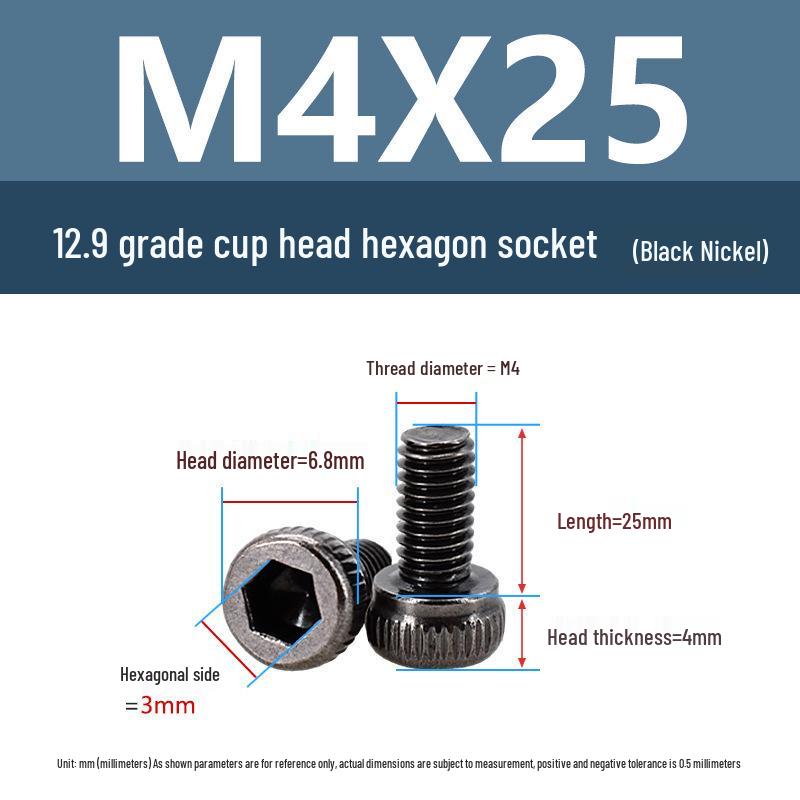 Yigu High-Strength Black Nickel Hex Socket Screw, M1.6-M4, Knurled Cup Head Bolt, 12.9 Grade.