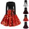 Women Vintage Long Sleeve Valentine's Day Printed Housewife Evening Party Prom Dress