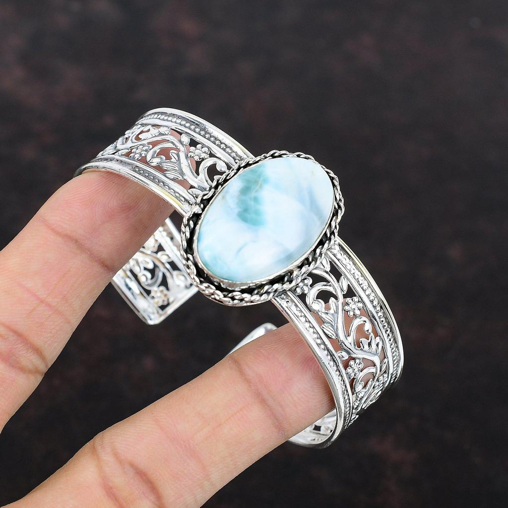 Larimar Cuff Bracelet Handmade Gemstone Bangle 925 Sterling Silver Adjustable Bangle Antique Cuff Bracelet Gift For Mother Wedding Jewelry