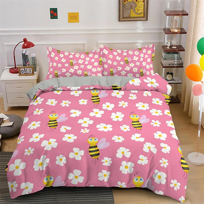 Cartoon Bee Duvet Cover Lovely Yellow Flying Animals Theme for Kids Boys Girls Gifts Women Beautiful Flowers Bedroom Decoration