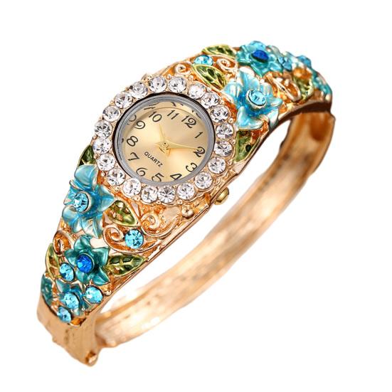 Ladies Floral Bangle Watch Rhinestone Round Dial Watch Elegant Quartz Wristwatch Sparkly Women Timepiece Gift for Mom Wife